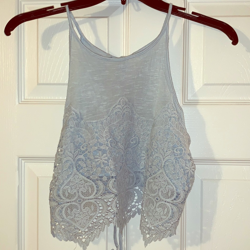 Pale blue lace tie back crop top